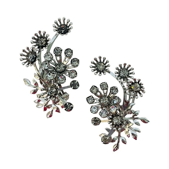 Jewelry - Silver and Crystal Floral Clip On Ear Climber Earrings